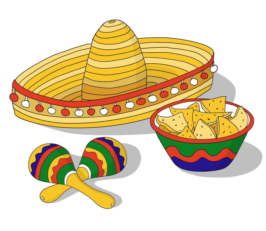 Mexicaans uitstraling hand- getrokken vector illustratie met traditioneel sombrero, maracas en nacho's in een kom