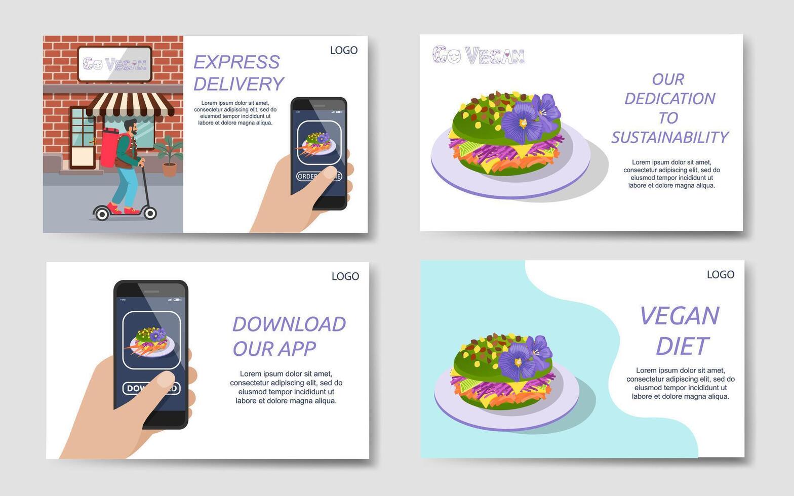 reeks van web landen Pagina's voor Gaan veganistisch en duurzaamheid concepten, restaurant of voedsel levering bedrijf, app downloaden vector