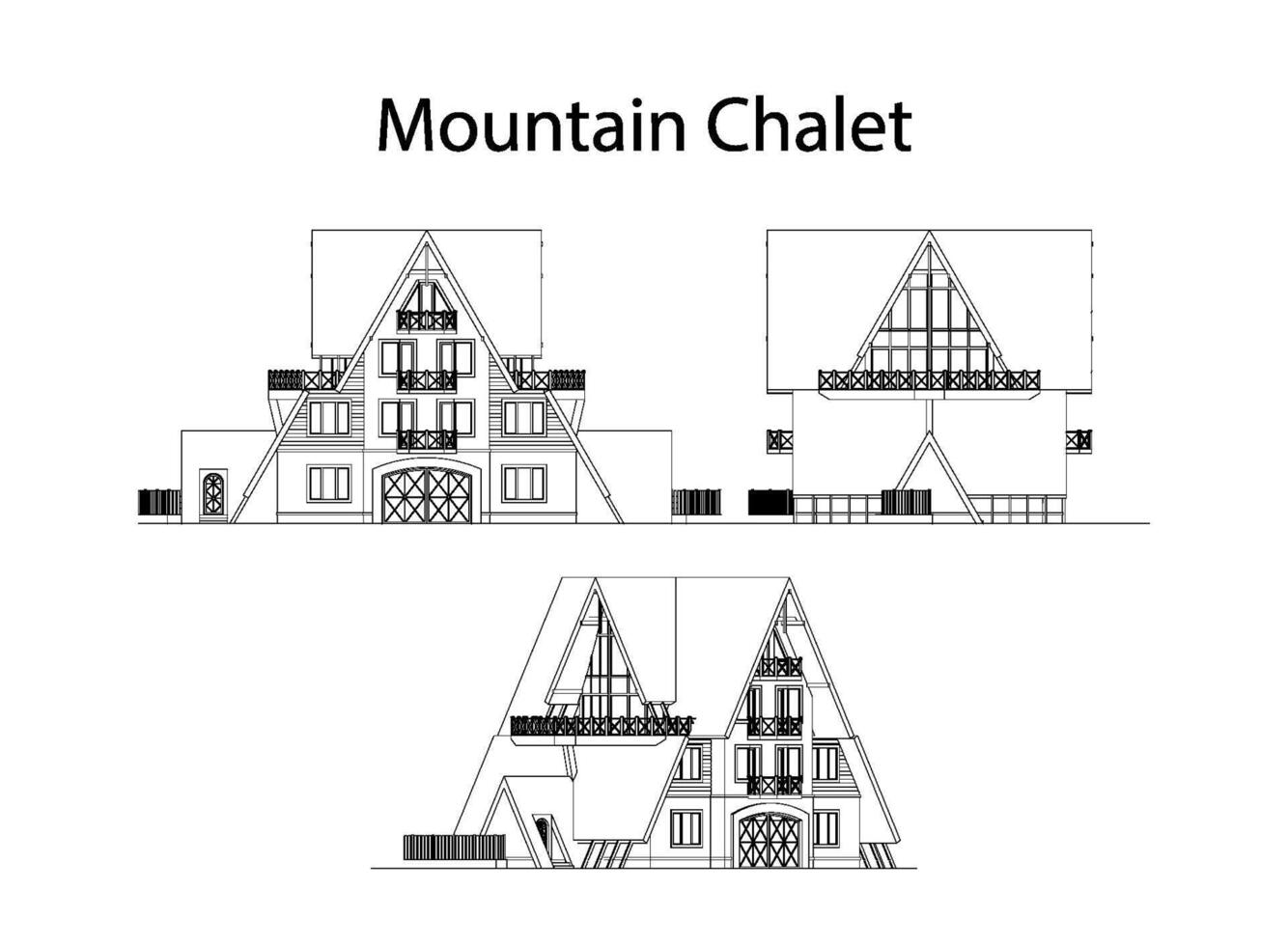 berg chalet facade en sectie, gedetailleerd bouwkundig technisch tekening, vector blauwdruk