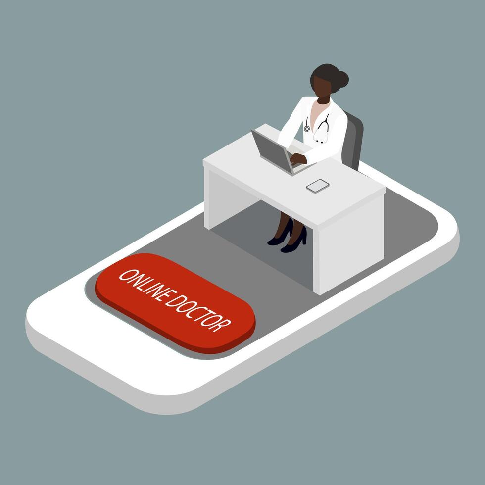 online dokter overleg via smartphone concept, isometrische vector illustratie