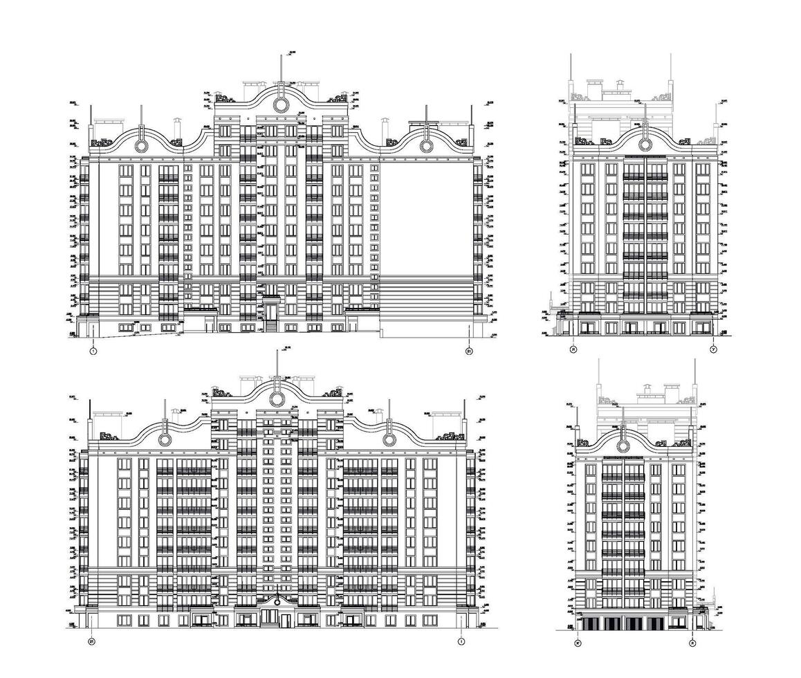 met meerdere verdiepingen gebouw gevels, gedetailleerd bouwkundig technisch tekening, vector blauwdruk