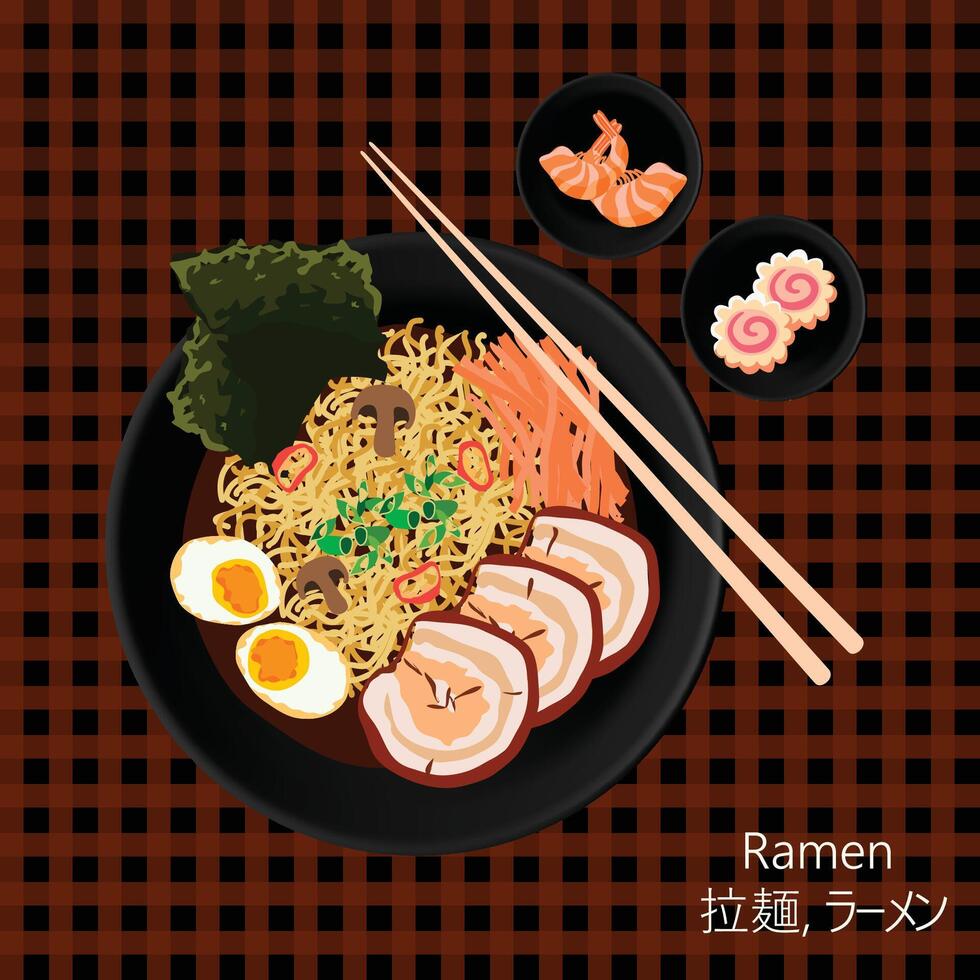 vlak leggen vector illustratie van Japans soep ramen en haar ingrediënten verscheidenheid