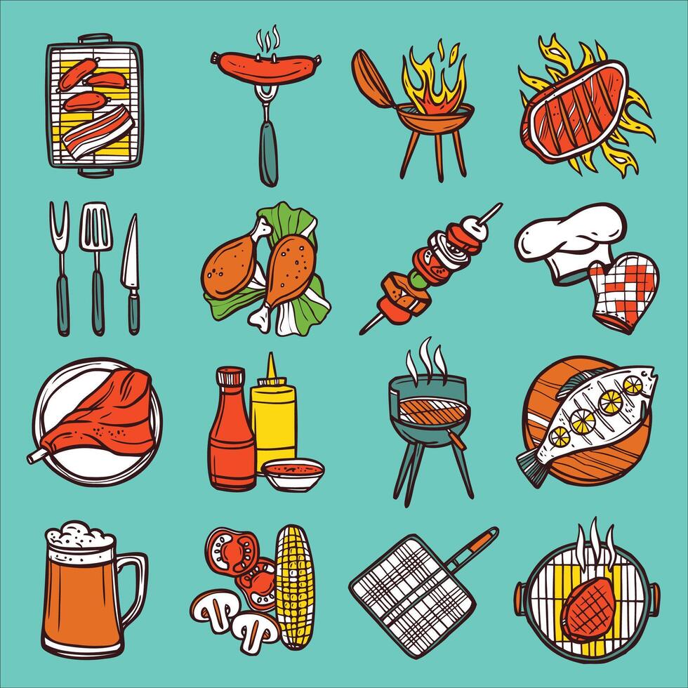 bbq rooster en voedsel pictogrammen reeks vector illustratie.