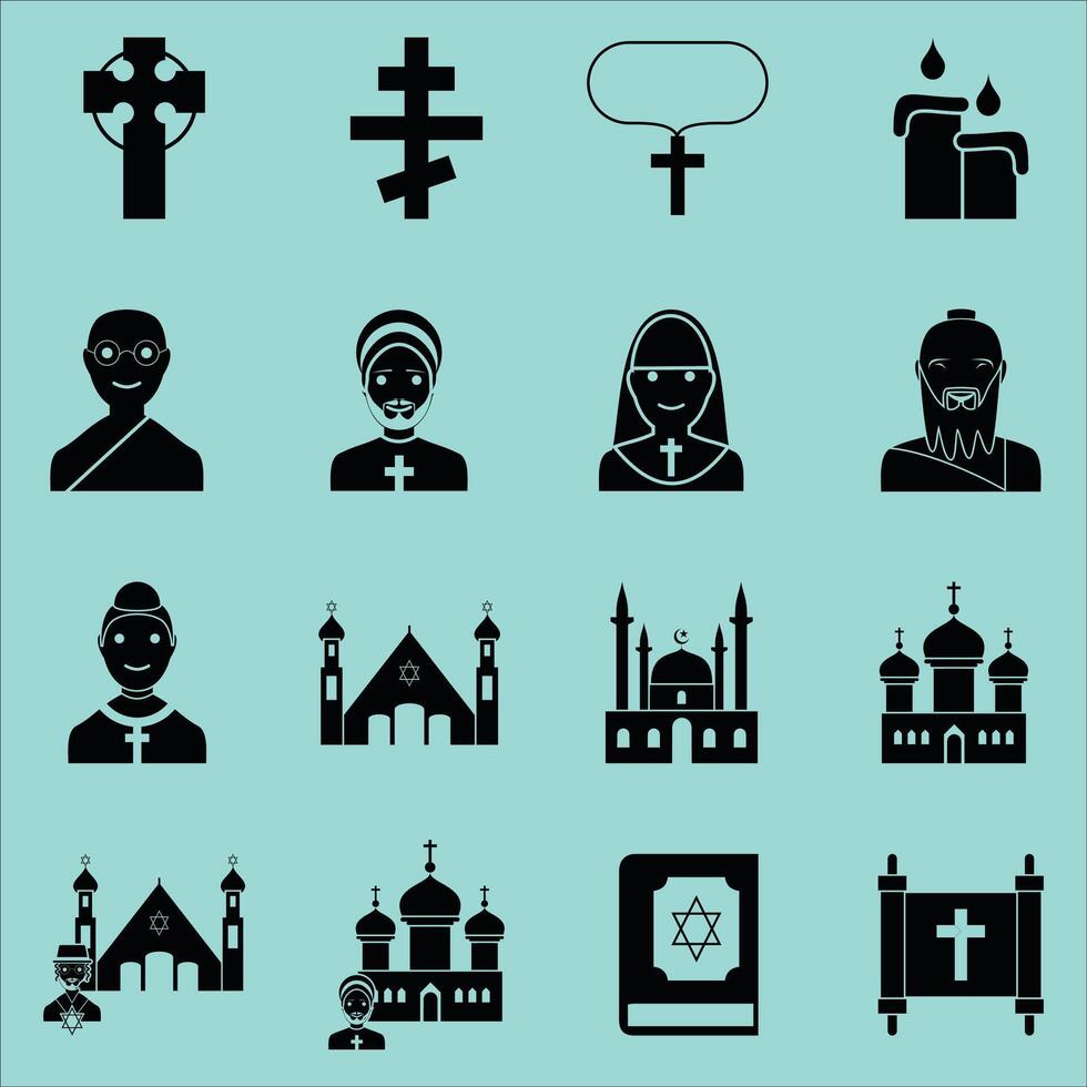 religie pictogrammen set, zwart en wit illustratie. vector