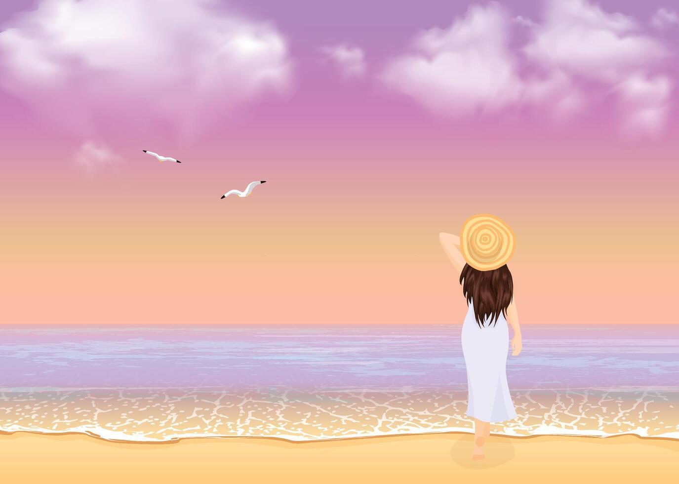 vector terug visie portret van een mooi jong vrouw vervelend rietje hoed en staand Bij de kust. reizen en vakantie concept, gouden uur