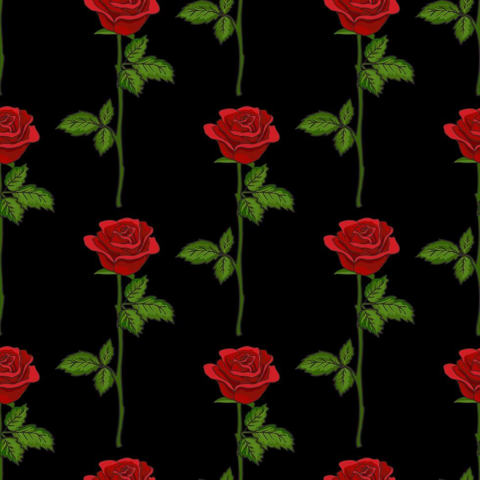 zwart hand- getrokken naadloos vector patroon met rood roos bloemen