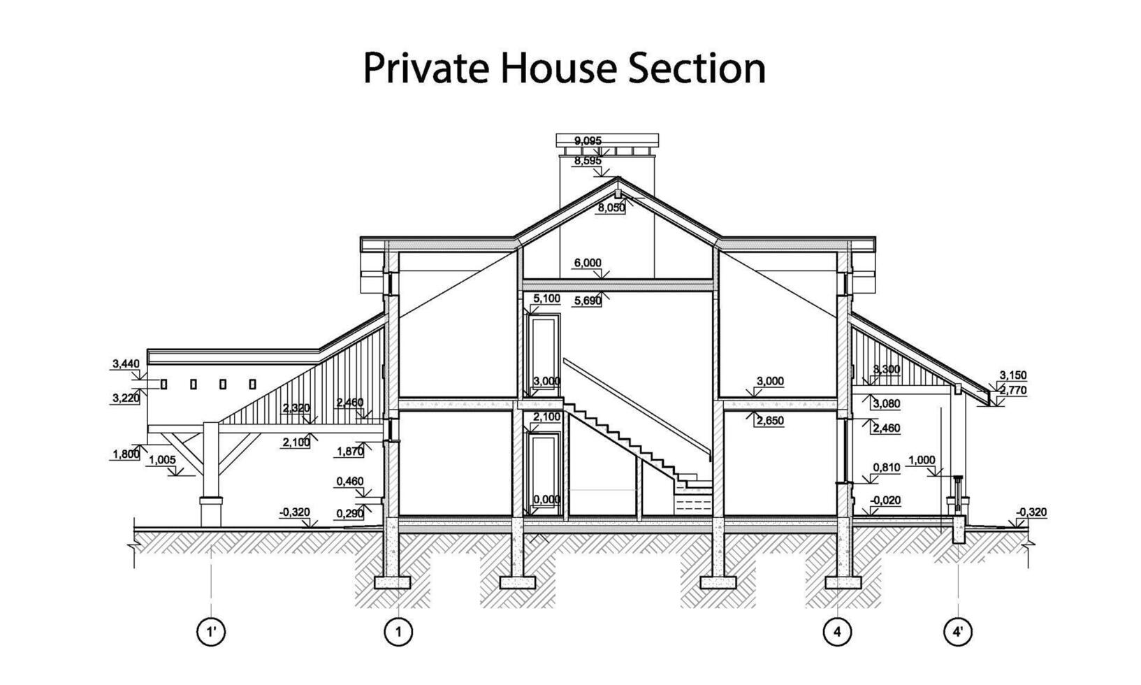 privaat huis sectie, gedetailleerd bouwkundig technisch tekening, vector blauwdruk