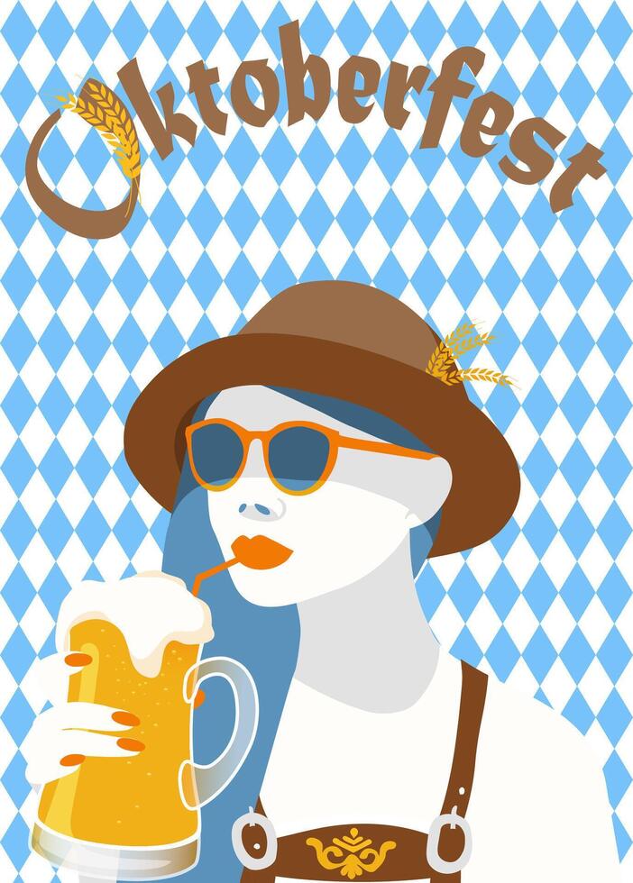 vector illustratie van oktoberfeest blauw diamant symbolen poster banier met een heup vrouw Holding een licht bier mok