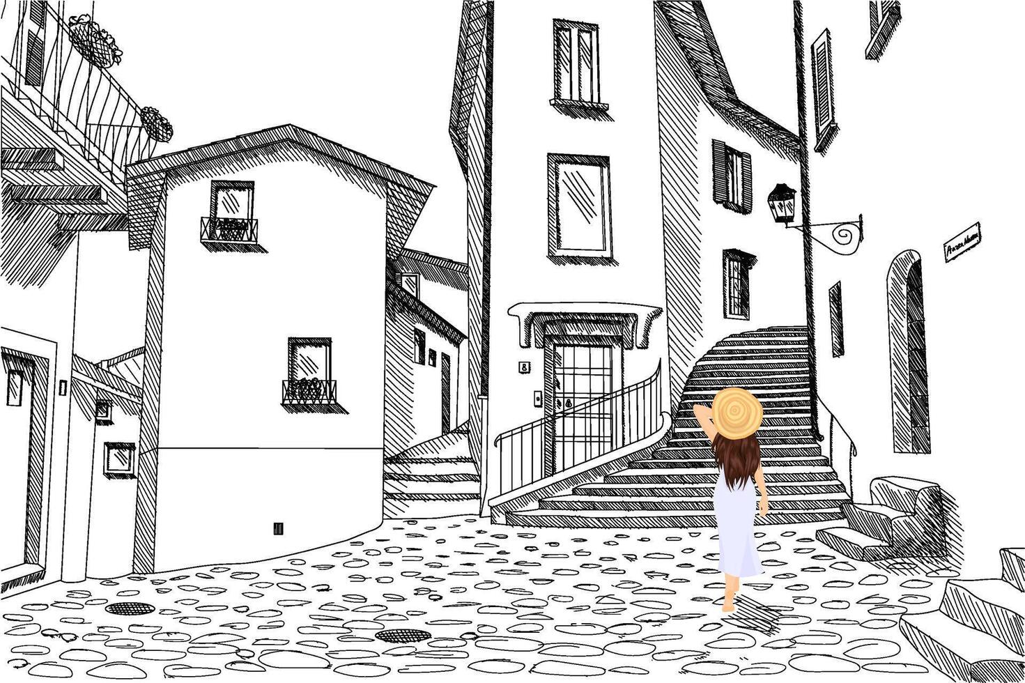 vector illustratie van hand- getrokken kleurrijk dame vervelend een rietje hoed en een lavendel jurk binnengaan de zwart en wit leeg Europese stad
