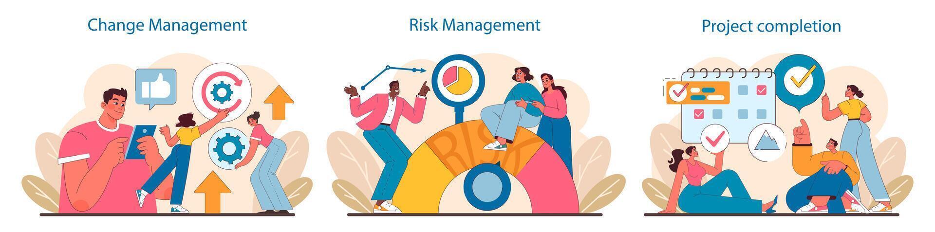 project levenscyclus set. aangepaste strategieën in verandering beheer, proactief risico beoordeling, en feestelijk project voltooiing. vector