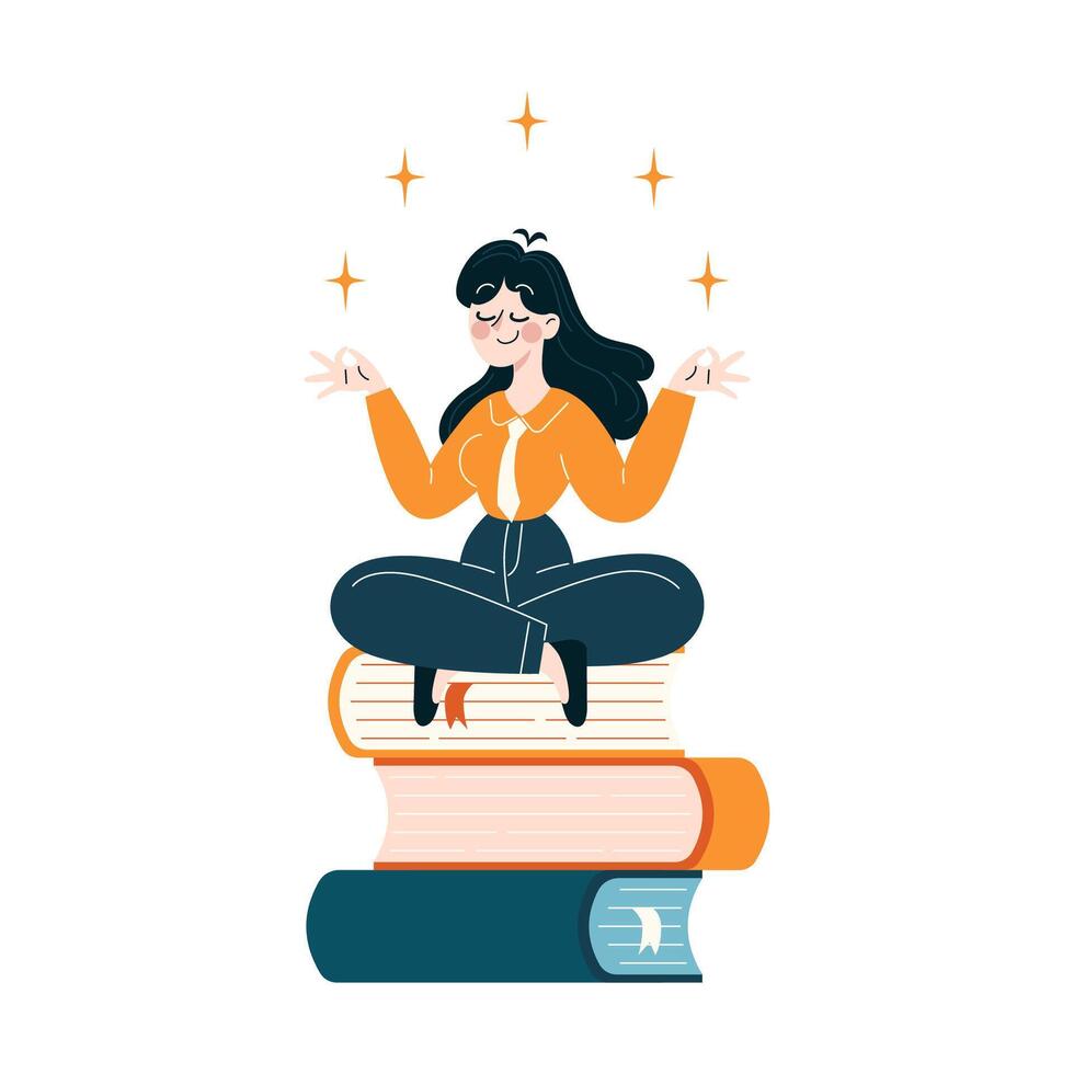 professioneel mediteert boven een stack van boeken, vinden balans in doorlopend onderwijs vector