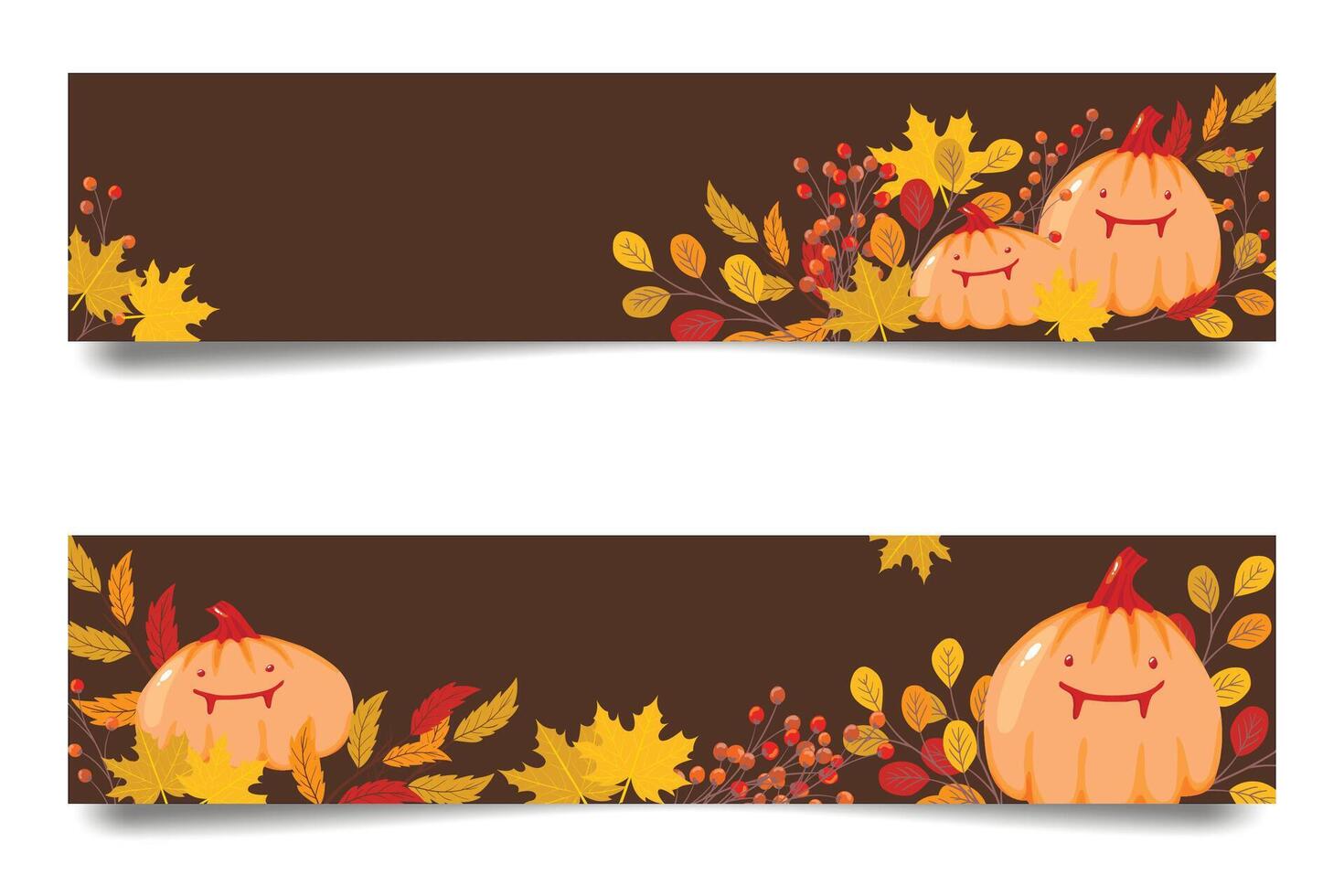 donker halloween hand- getrokken vector achtergronden banners met grappig pompoenen en herfst bladeren