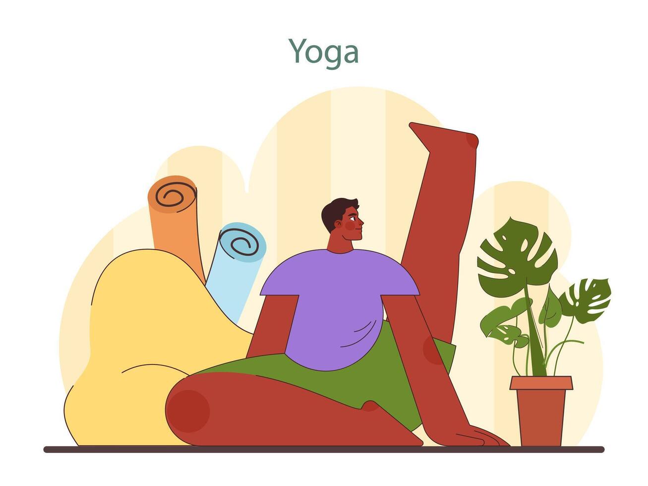 huis yoga illustratie. een Mens praktijken een yoga houding in een vredig huis instelling. vector