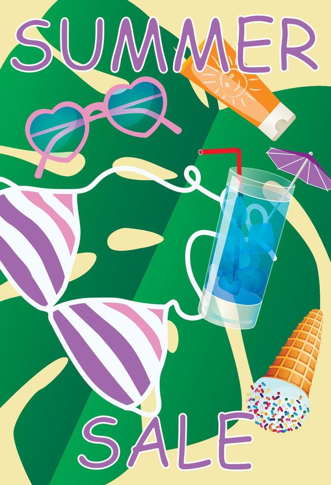 helder geel zomer vector achtergrond met zonnebril, ijs room en cocktails