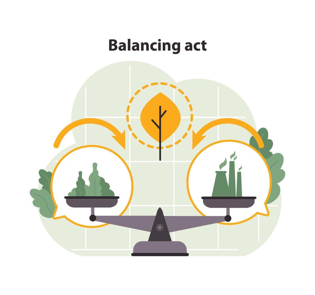 natuur en industrie Aan een schaal, presentatie van evenwicht. vlak vector illustratie