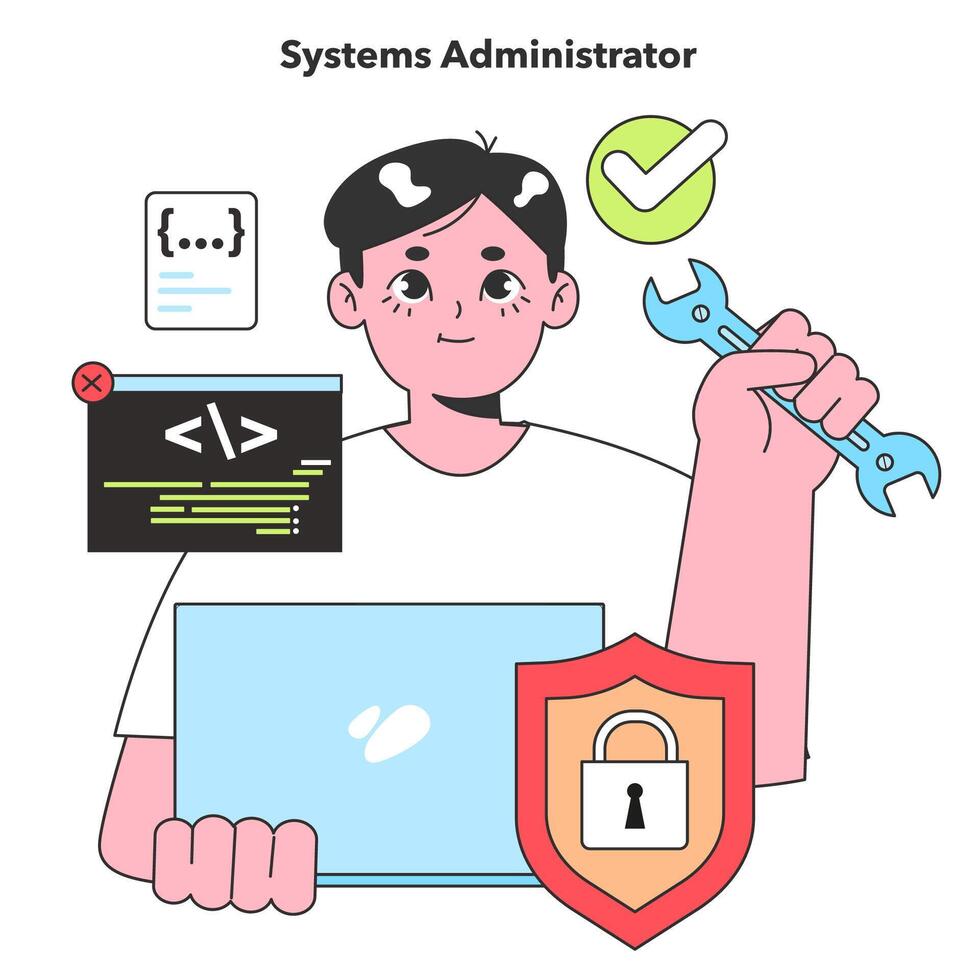 een systemen beheerder vakkundig beheert en lost problemen op netwerk systemen, zorgen voor beveiligen en doeltreffend het operaties met een betrouwbaar moersleutel in hand. vector