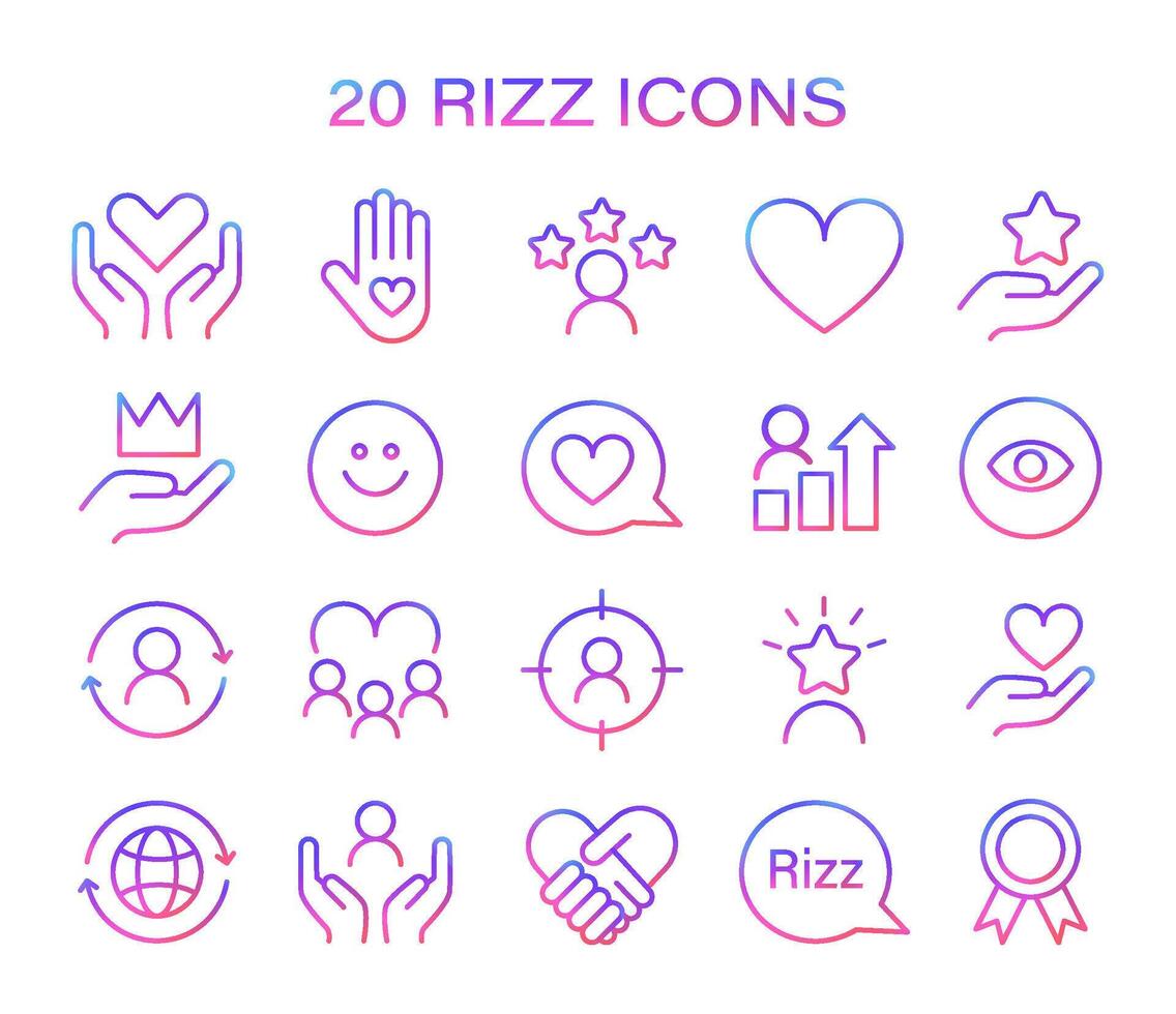 rizz icoon set. minimalistische lijn pictogrammen vertegenwoordigen divers aspecten van sociaal wisselwerking vector