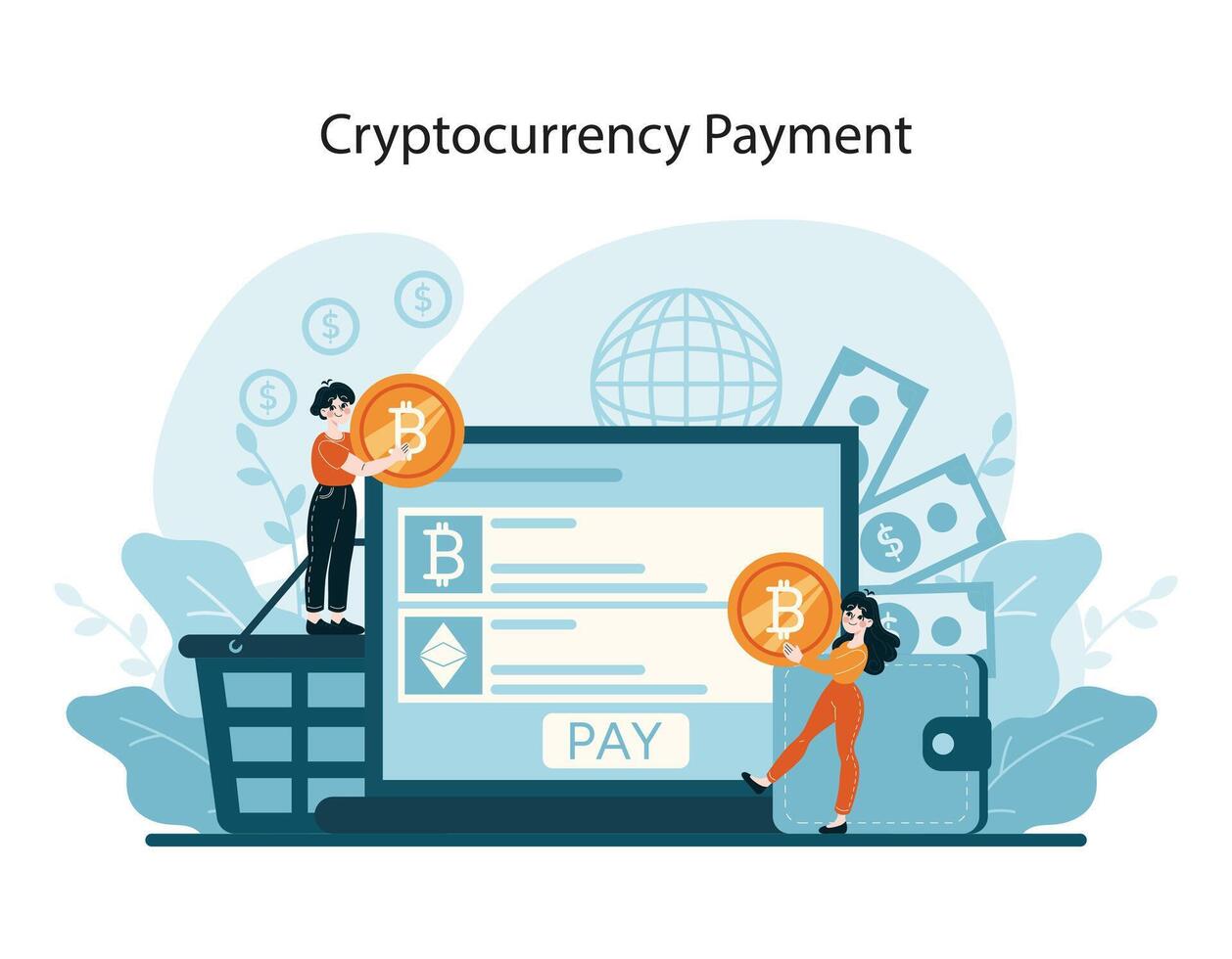 een modern transactie tafereel met bitcoin, presentatie van de stijgen van gedecentraliseerd digitaal valuta's in boodschappen doen vector