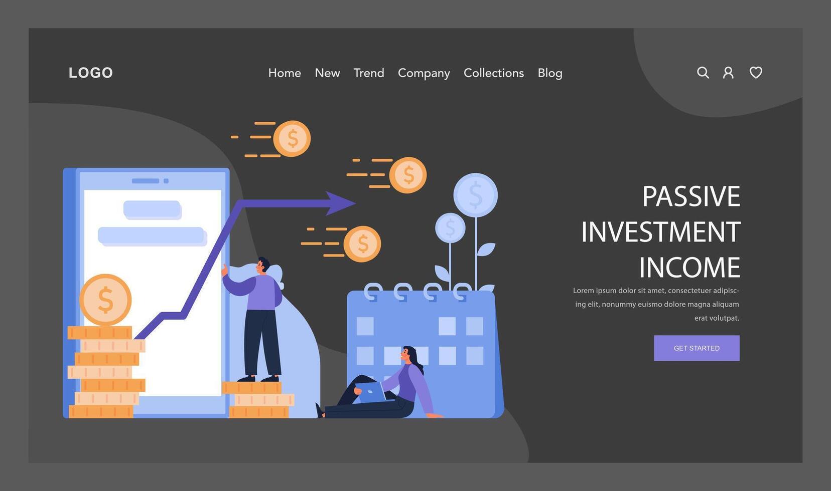 passief investering inkomen donker of nacht mode web, landen. verdienen stabiel vector