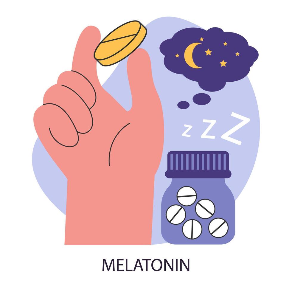 melatonine pil. menselijk hand- Holding synthetisch melatonine geneeskunde vector