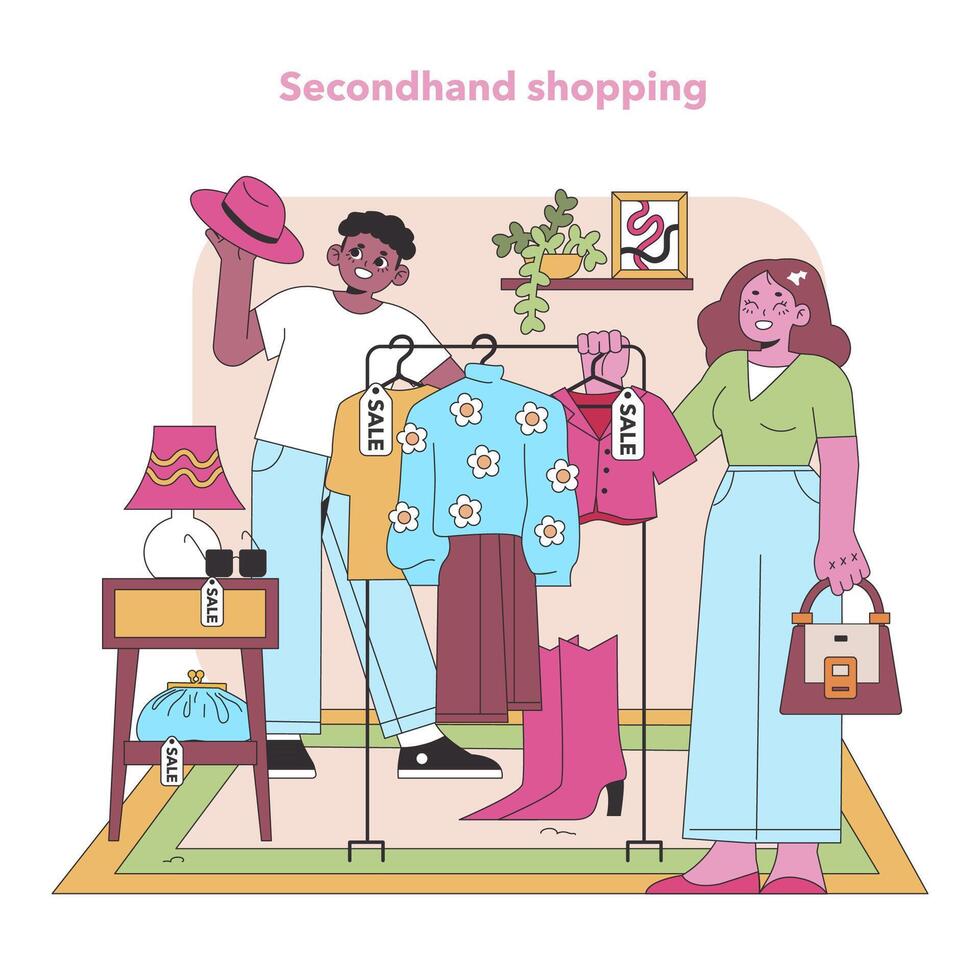 zuinig boodschappen doen vreugde. blij klanten bladeren door een kleurrijk selectie van tweedehands kleding, vinden uniek stukken en wijnoogst edelstenen. duurzame stijl avontuur. vector illustratie.