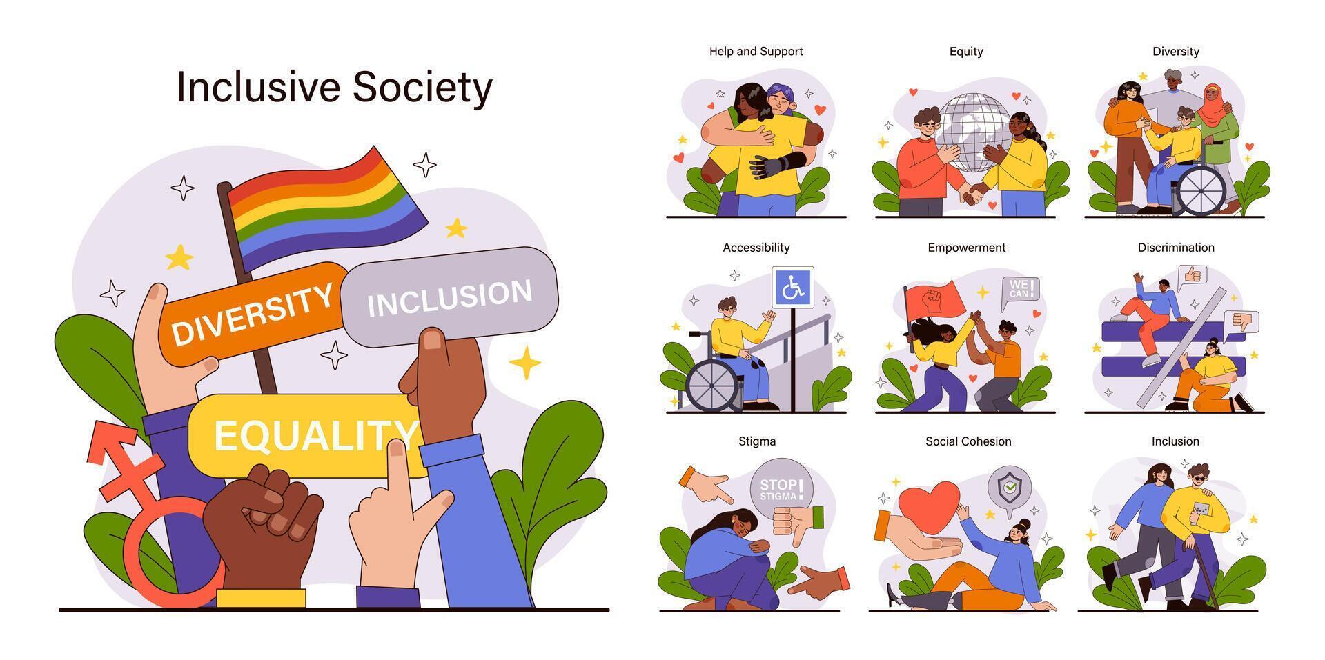 inclusief maatschappij set. harmonisch verscheidenheid en gelijkheid viering. vector