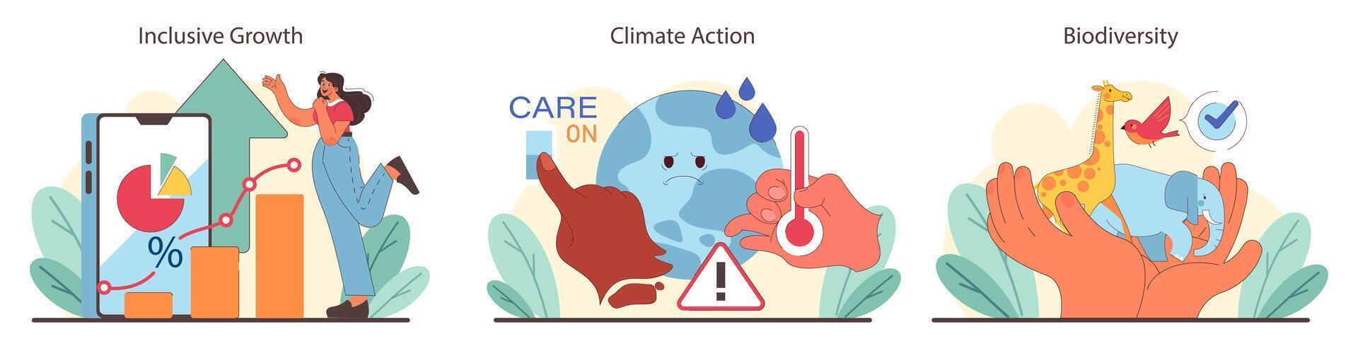 economisch eigen vermogen, klimaat urgentie, en dieren in het wild behoud set. vector