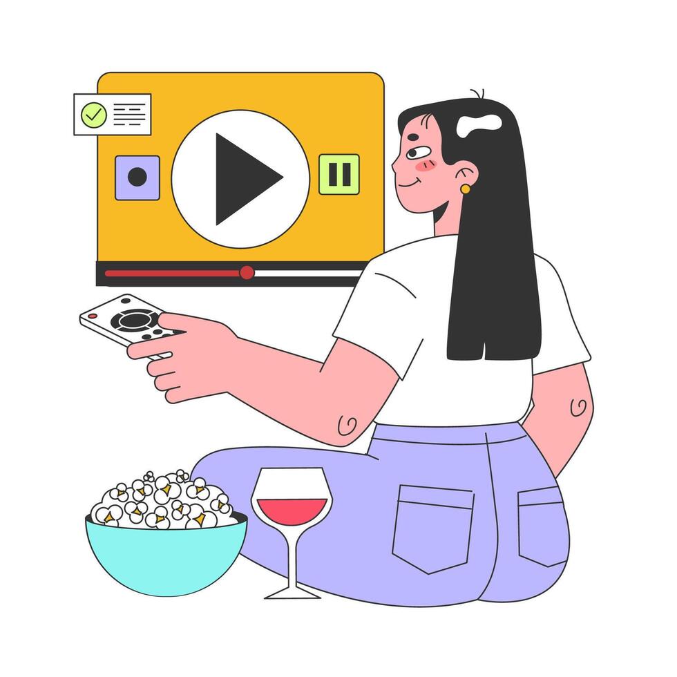film streaming platform. vrouw aan het kijken film Bij huis met digitaal vector