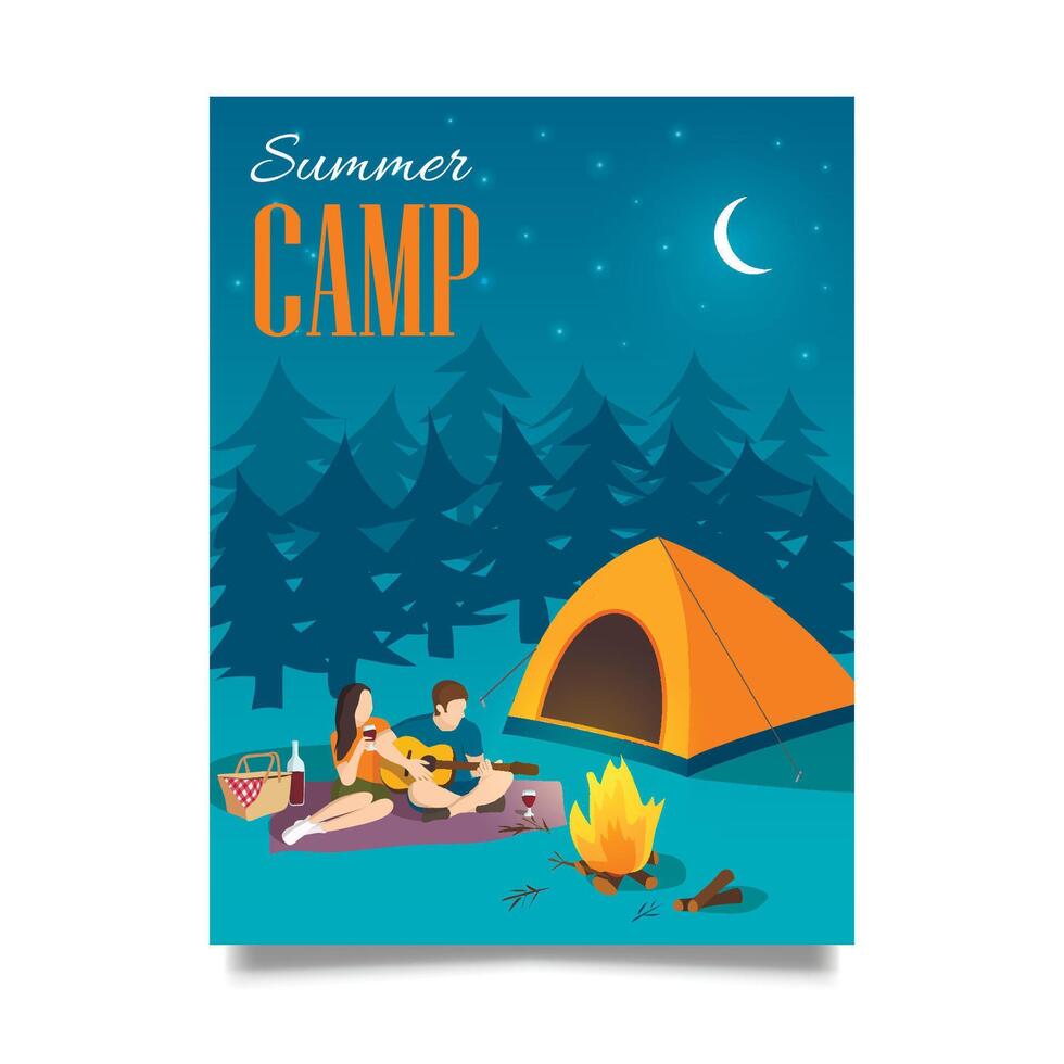 zomer kamp vector hand- getrokken folder of poster met jong paar spelen de gitaar