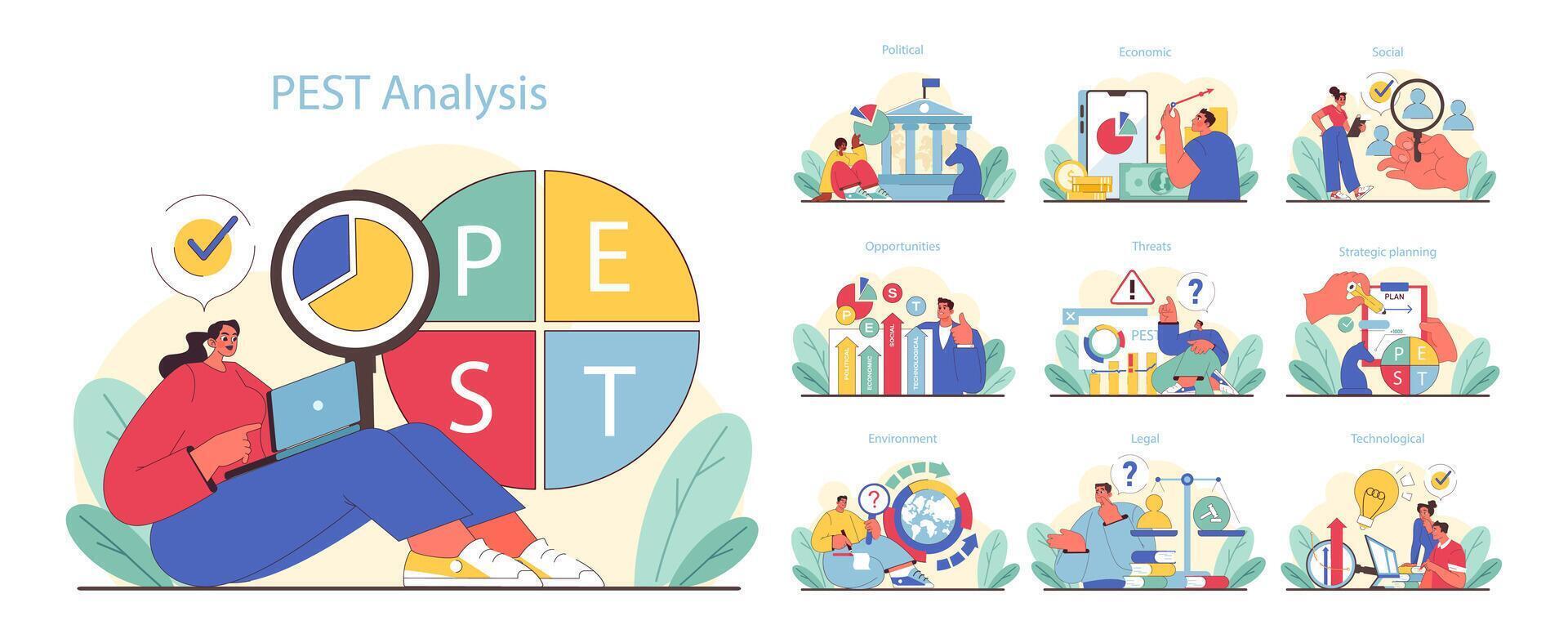 plaag analyse set. uitgebreid bedrijf strategie en markt studie. vector