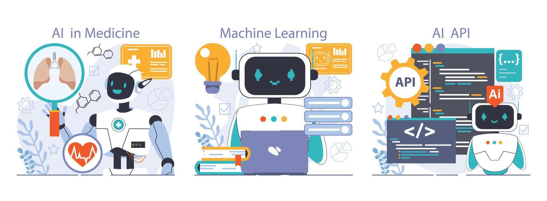 ai integratie set. kunstmatig intelligentie- en menselijk synergie. neurale netwerk vector