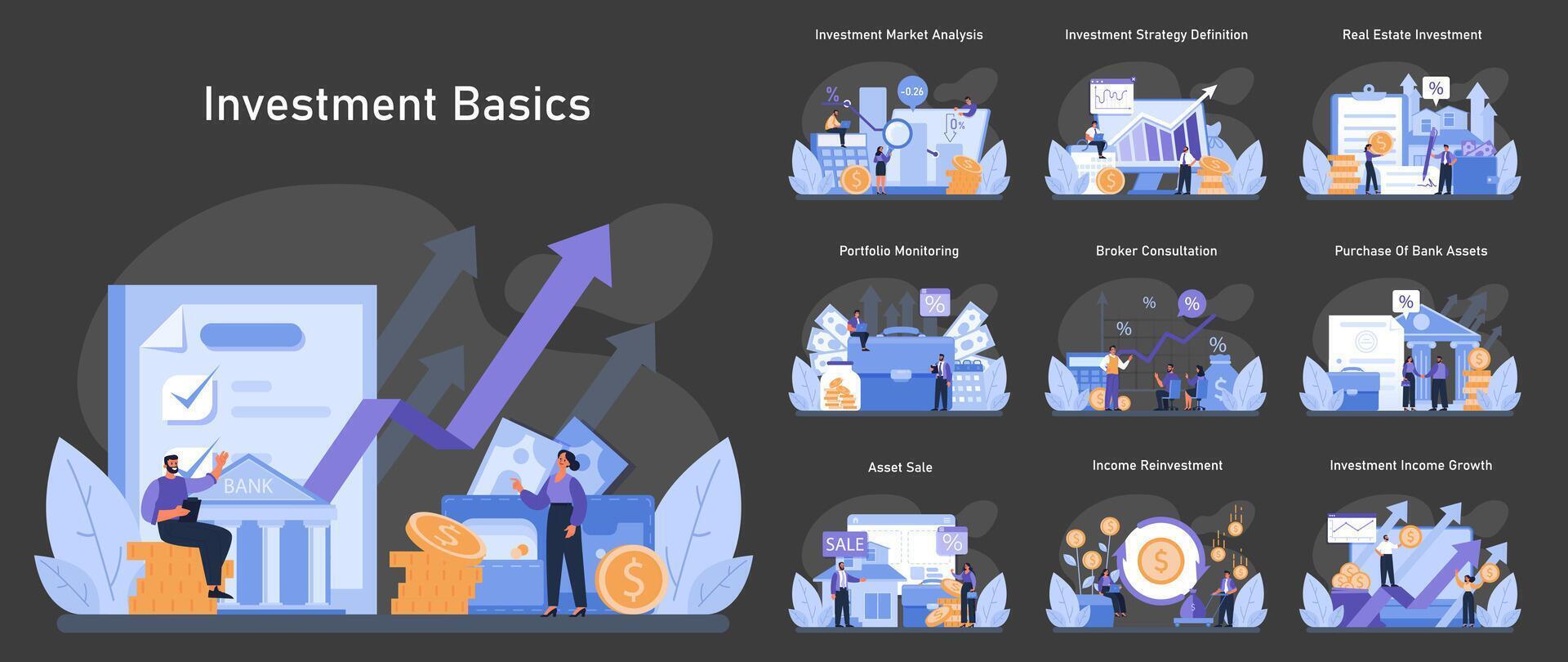 investering basics set. financieel groei strategieën, markt analyse, vector