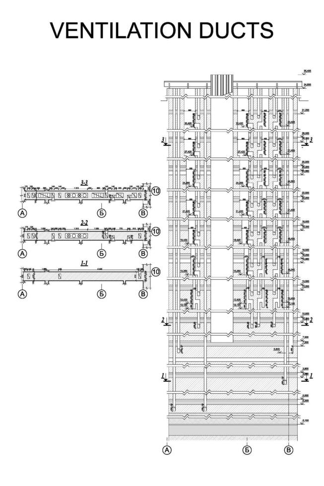 ventilatie leidingen van met meerdere verdiepingen gebouw, gedetailleerd bouwkundig technisch tekening, vector blauwdruk