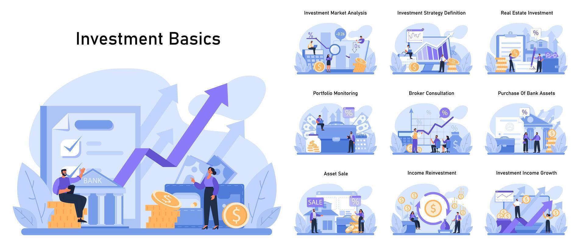 investering basics set. financieel groei strategieën, markt analyse, vector