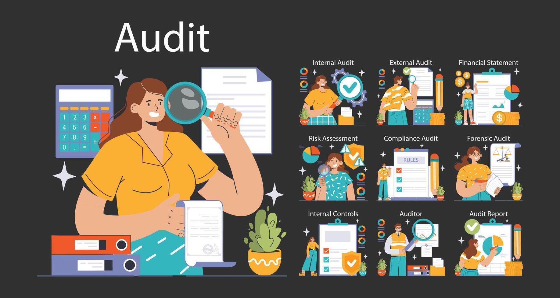 audit set. professionals evalueren financieel verslagen. vlak vector illustratie