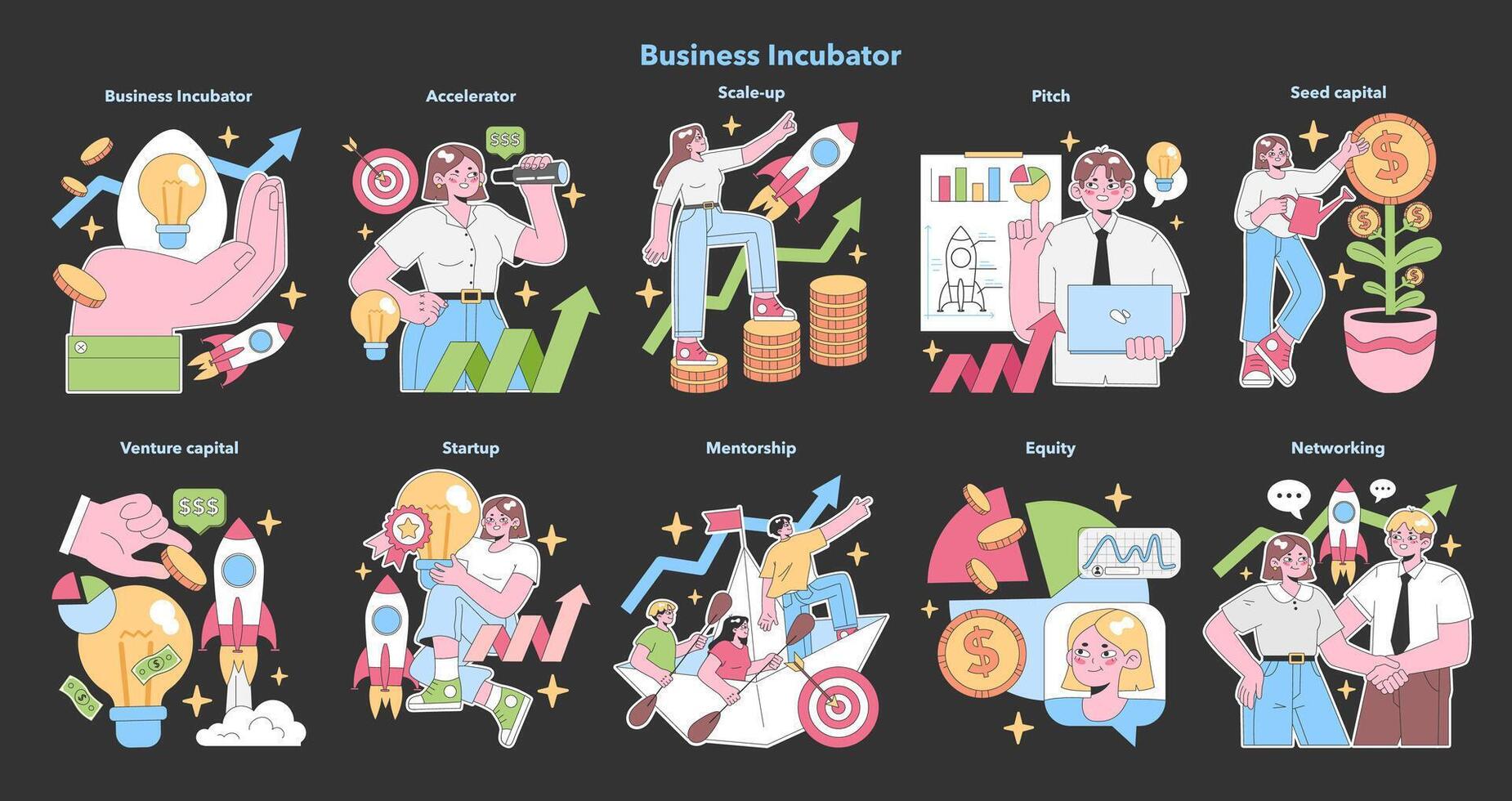 bedrijf incubator set. vlak vector illustratie