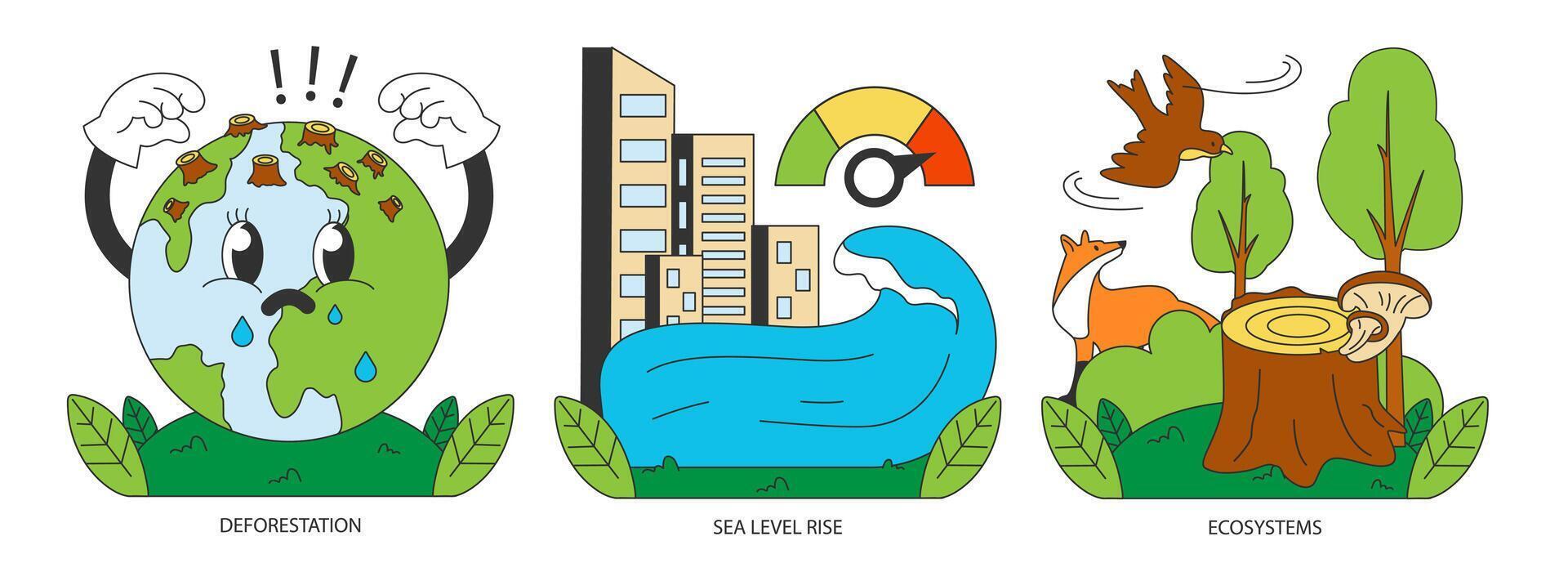 klimaat verandering set. planeet temperatuur stijgende lijn en zee niveau stijgende lijn ten gevolge vector