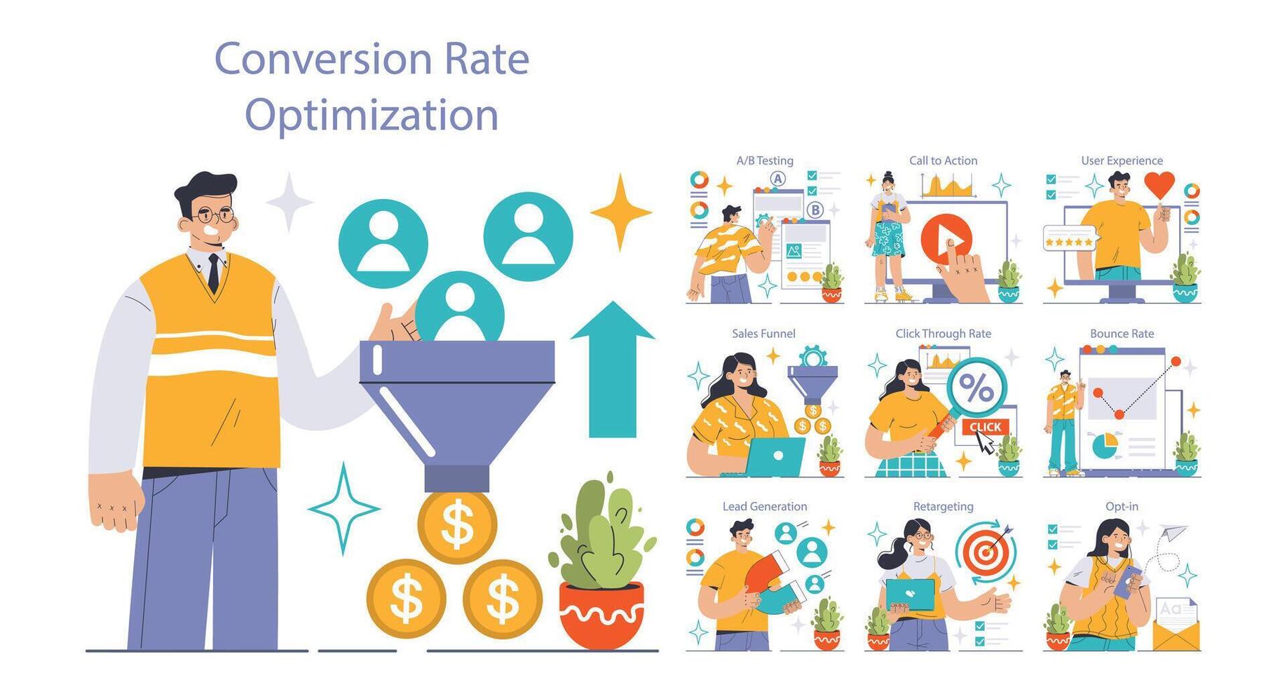 conversie tarief optimalisatie set. experts analyseren website prestatie. vector