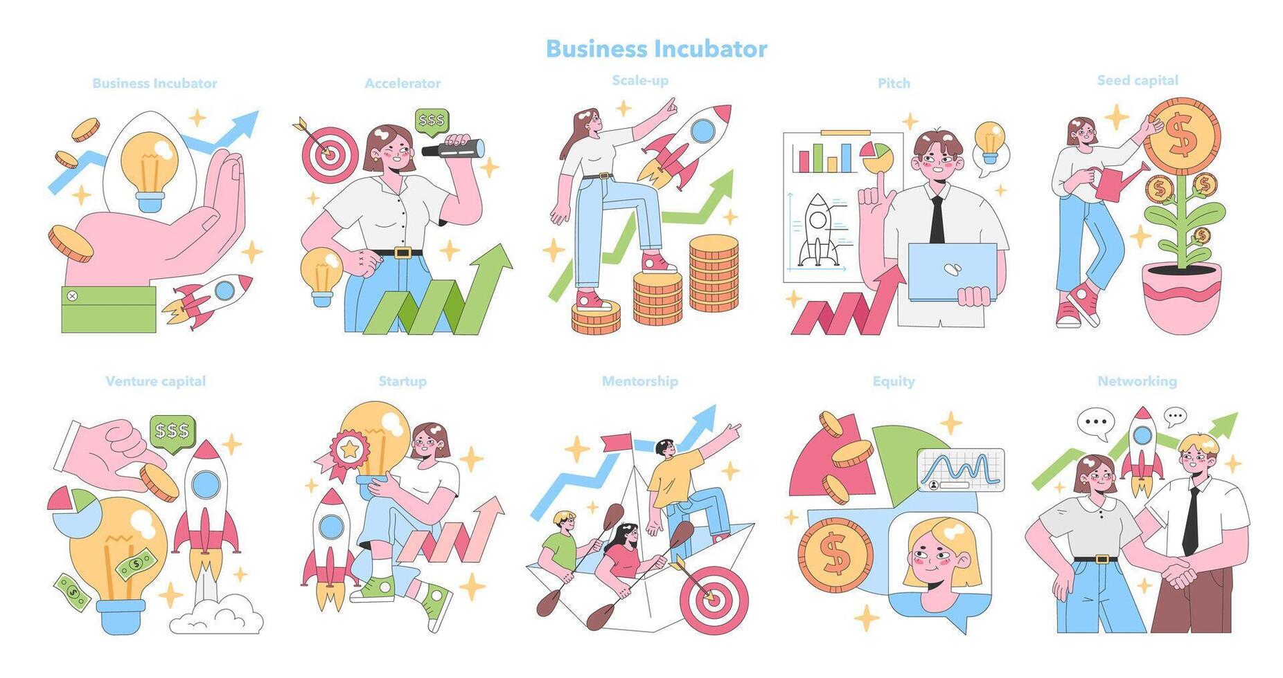 bedrijf incubator set. vlak vector illustratie