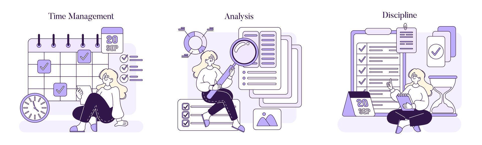 tijd beheer, analyse, discipline reeks vector