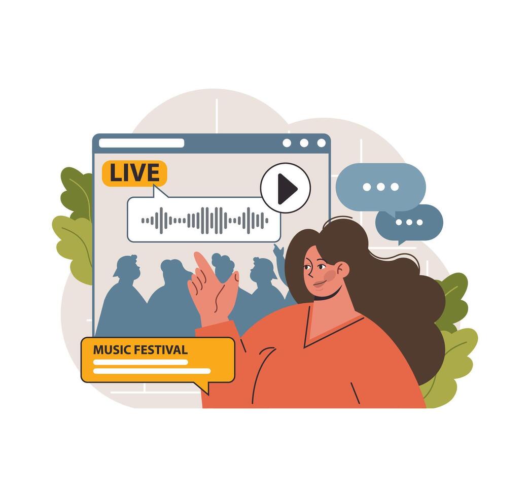 jong vrouw interactie met een leven muziek- festival streamen. vlak vector illustratie