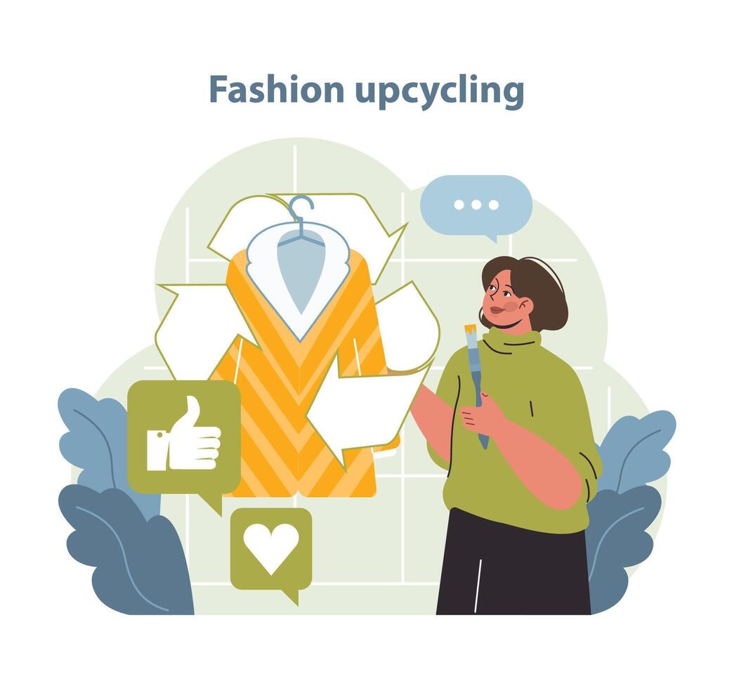 mode upcycling vector illustratie. een blij persoon bezighoudt met upcycled kleding.