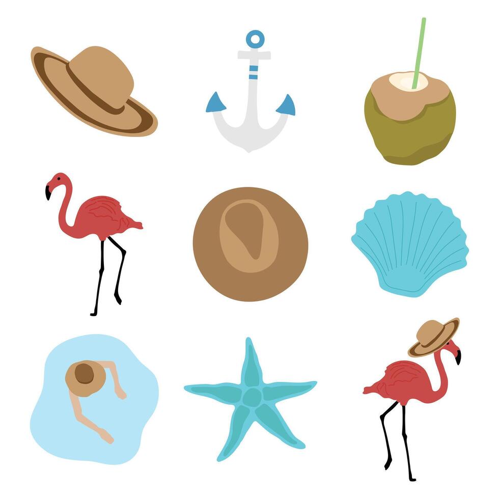 zomer tekening stickers, etiketten, logo's, labels, teken voor vakantie, reizen en vakantie. vector