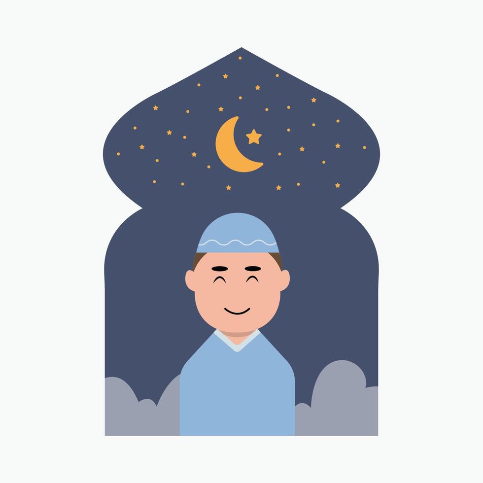 gelukkig eid mubarak met kind karakter illustratie gemakkelijk concept schattig tekenfilm moslim vector