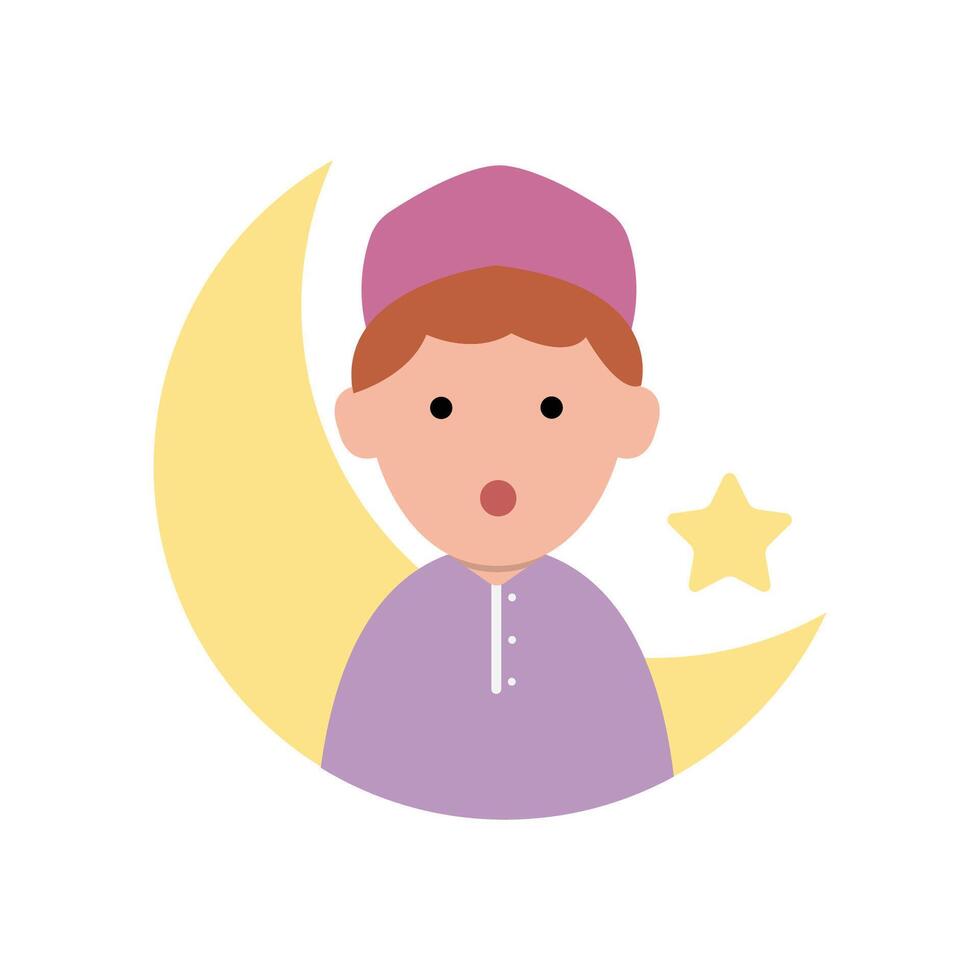 gelukkig eid mubarak met kind karakter illustratie gemakkelijk concept schattig tekenfilm moslim vector