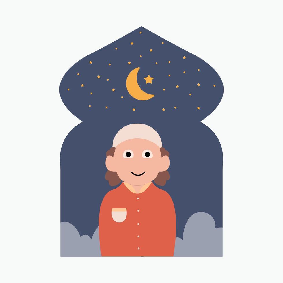 gelukkig eid mubarak met kind karakter illustratie gemakkelijk concept schattig tekenfilm moslim vector