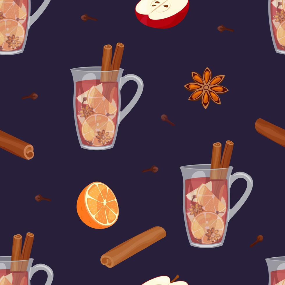 glühwein patroon. naadloze donkere achtergrond met ingrediënten voor warme dranken in de winter. vector illustratie