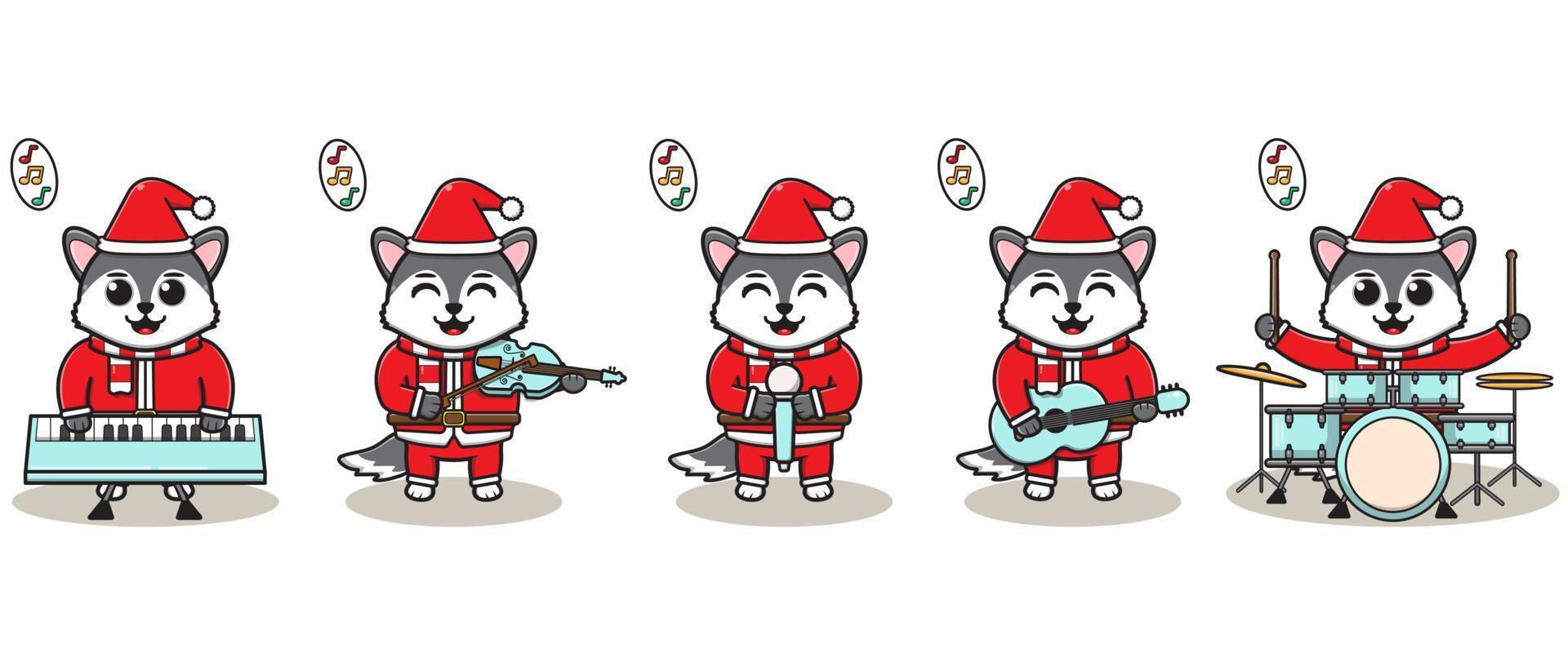 vectorillustratie van schattige wolf santa claus spelen een muziekinstrument. vector