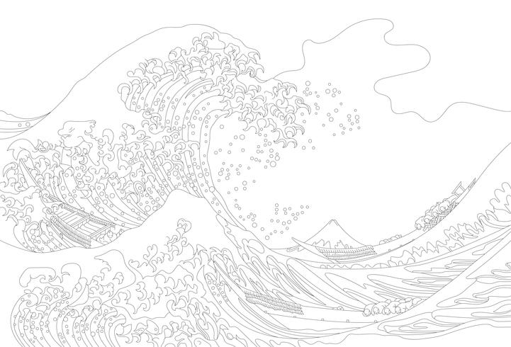 The Great Wave of Kanagawa (1829-1833) van Katsushika Hokusai: adult coloring page vector