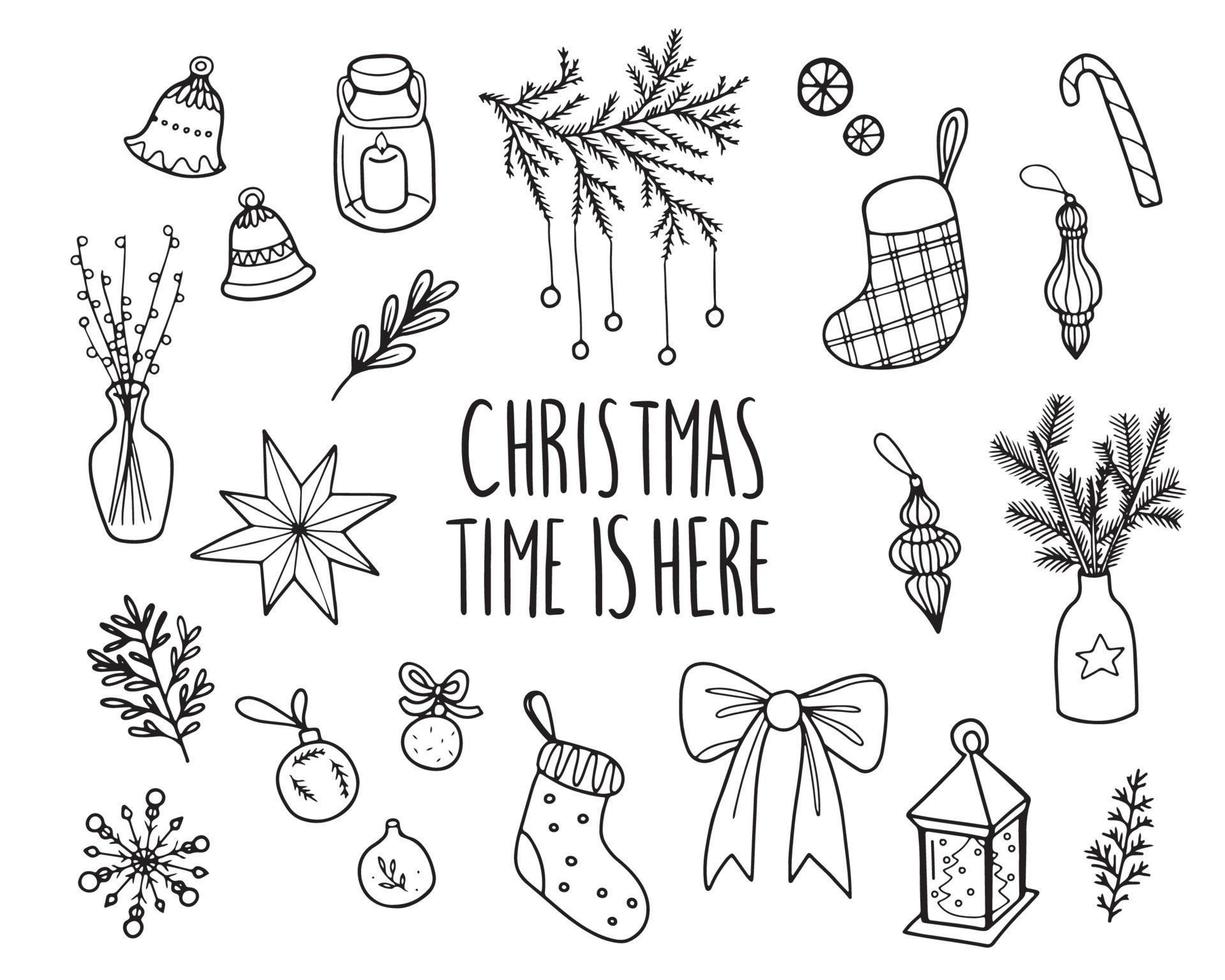 set hand getrokken doodle stijl kerst elementen. verzameling cadeaus, ornamenten en decor voor fijne feestdagen vector